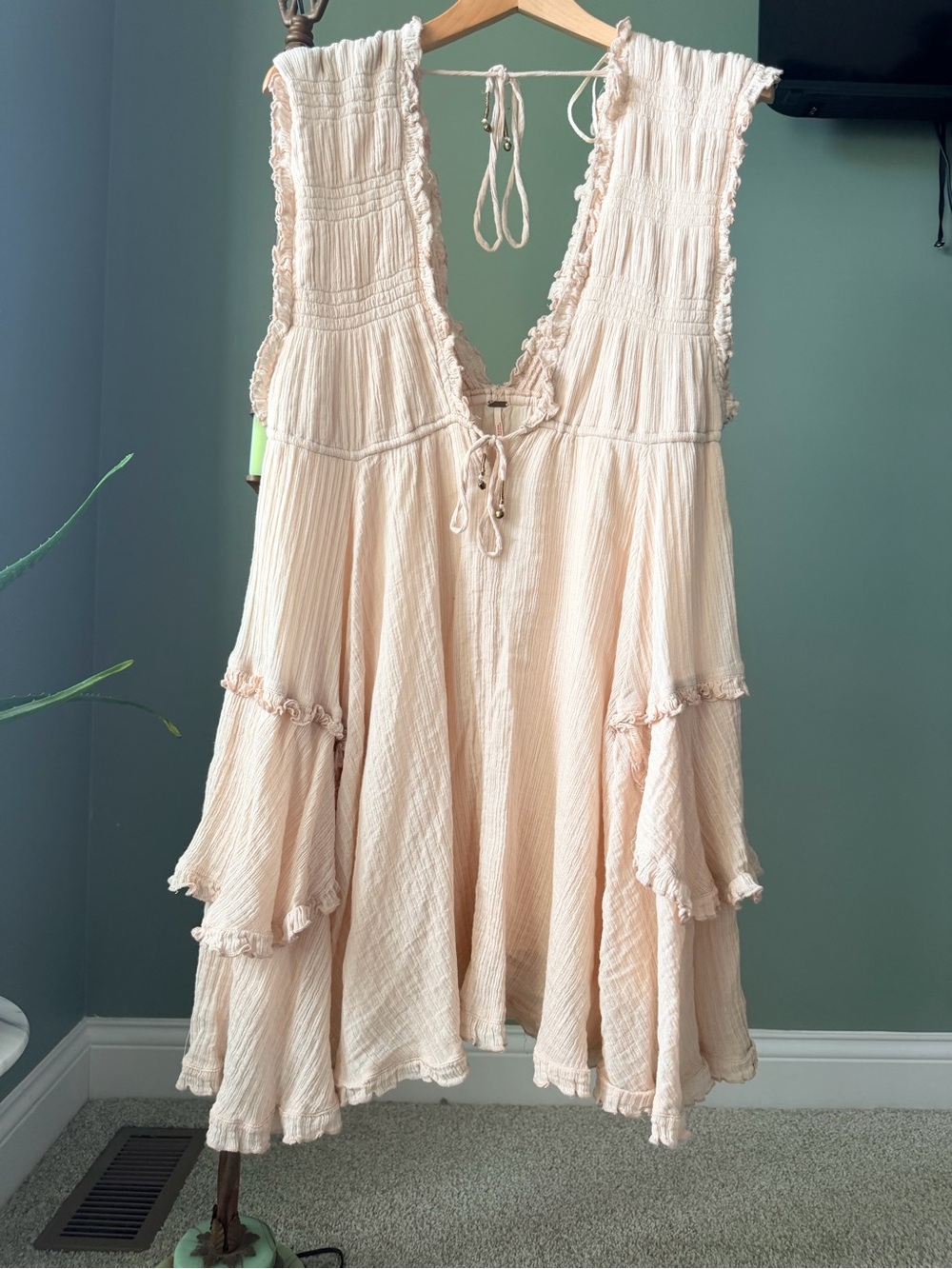 Free People Cream Gauze Tiered Mini Dress Tunic Ruffle Tie Back M